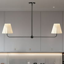 Elegant Linear Black 2-Light 45 Inch Chandelier, Cleanly Ruffled White Linen Shade Light, Ceiling Mounted Light over Kitchen Island, for Living Room, Dining Room