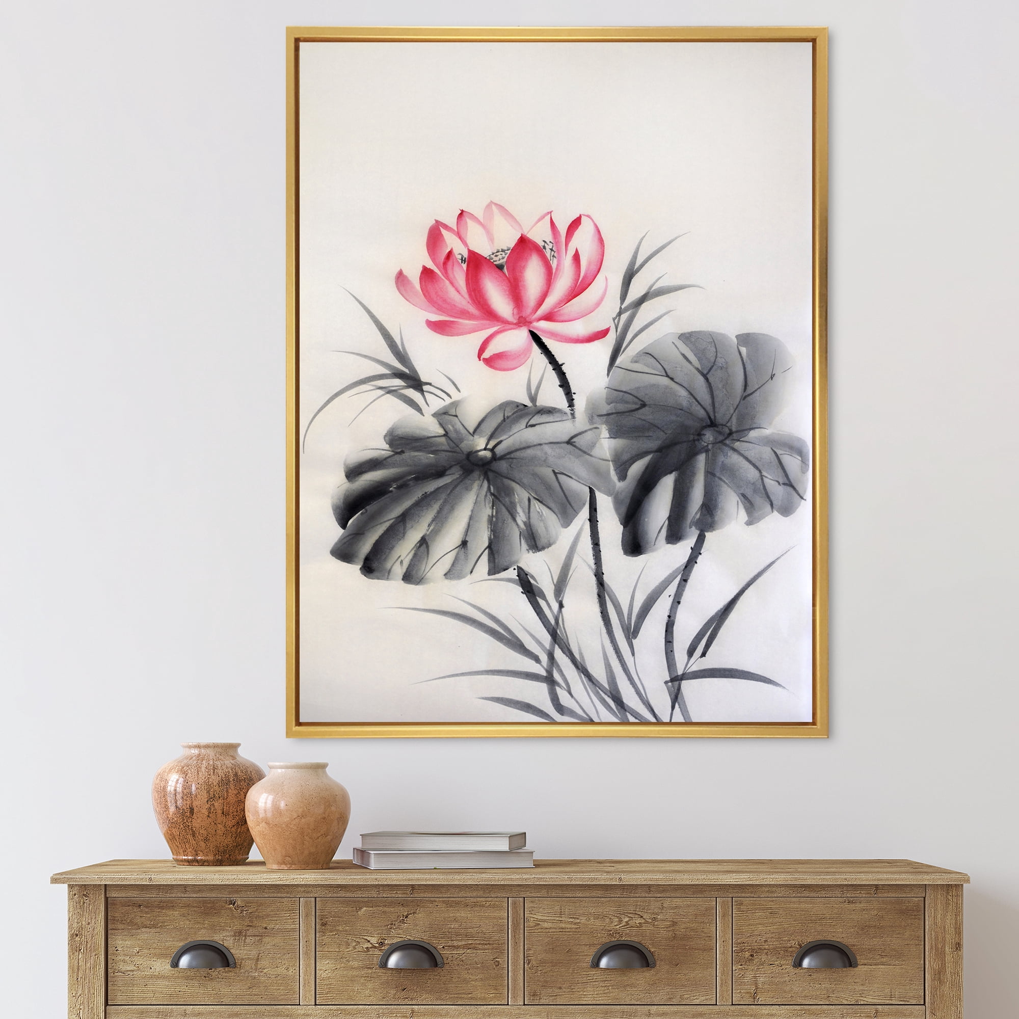 Designart 'Two Monochrome Leaves With Lotus Flower' Traditional Framed Canvas Wall Art Print