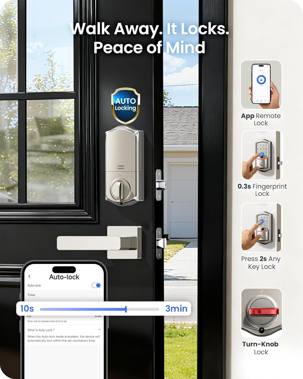 Veise Wifi Fingerprint Smart Deadbolt Lock with Handle Set, Keyless Entry Front Door, Auto-Lock, Satin Nickel