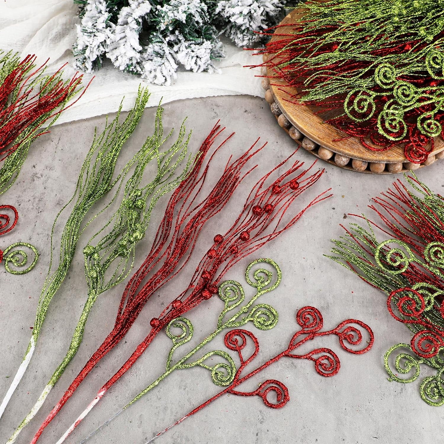 24 Pcs Christmas Red Green Artificial Glitter Curly Berry Stems Ornaments, Fake Christmas Candy Picks, Decorative Glitter Sticks Branches, for Xmas Tree Wreath Crafts Vase Filler Home