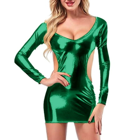Yuhangmm Women Fashion Solid Sexy Lingerie Gold P Leather Long Seleeve Skirt Submissive Lingerie for Women Leather