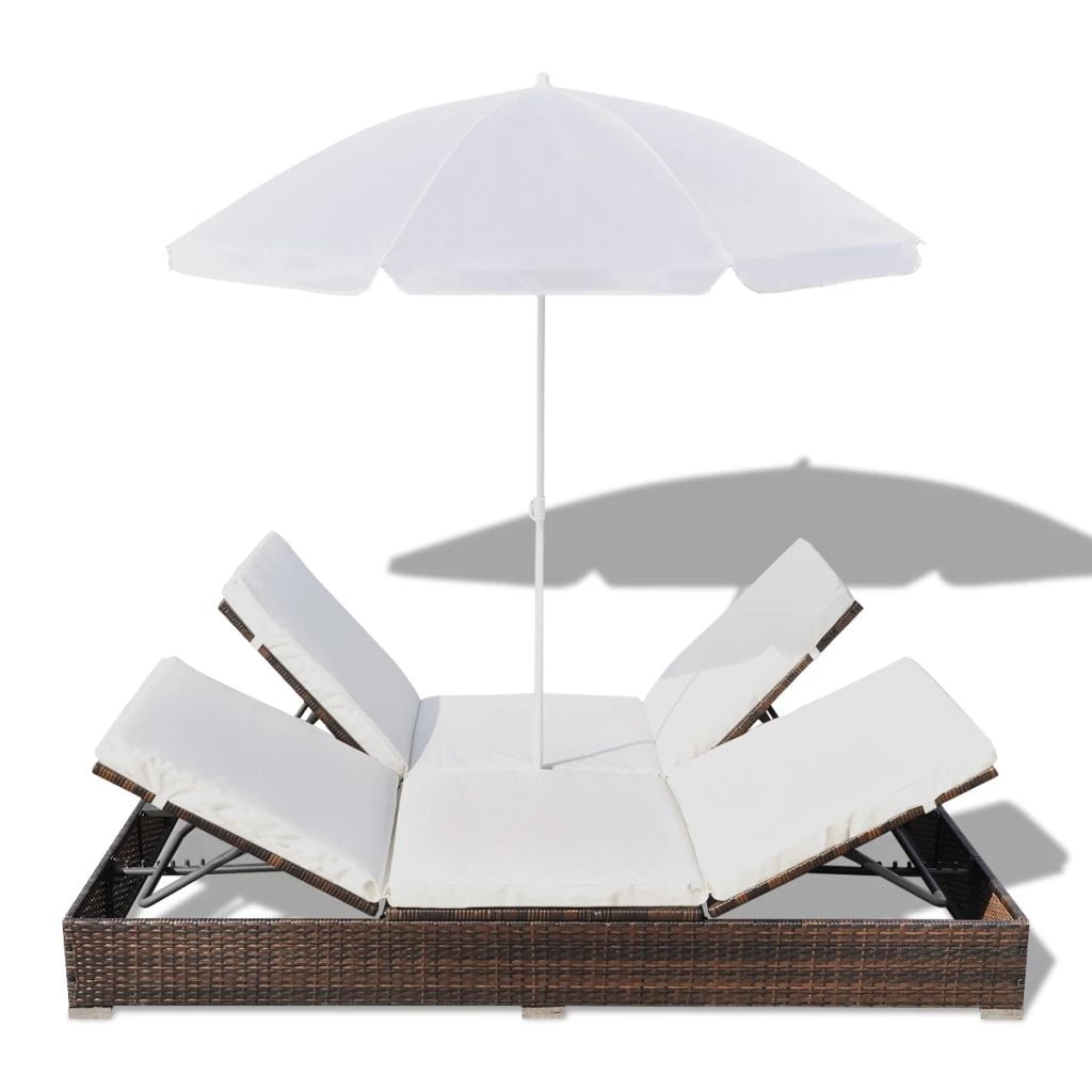 Kepooman Outdoor Poly 2-Seat Adjustable Rattan Lounge Bed with Parasol for Patio Beach, Brown Kepooman Outdoor Poly 2-Seat Adjustable Rattan Lounge Bed with Parasol for Patio Beach, Brown