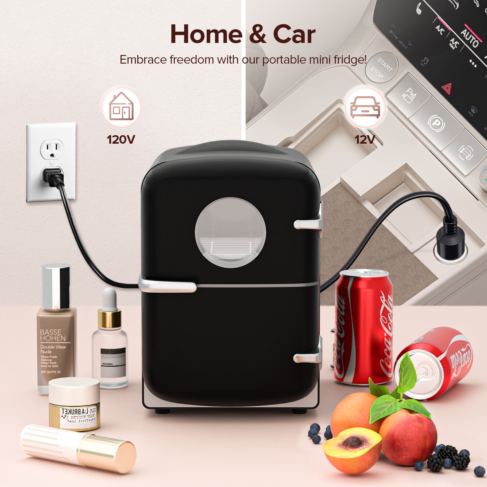 Auseo Mini Fridge, Portable Fridge Personal, 4 Liter/6 Cans Countertop, 120V AC/ 12V DC, Cooler and Warmer for Drink Office Dorm Bedroom Car, Black