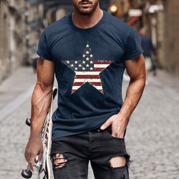 Tops para hombre, blusas y camisas de cuello redondo y manga corta para hombre, camiseta de cuello redondo y manga corta con estampado de la bandera del Día de la Independencia de Estados Unidos para