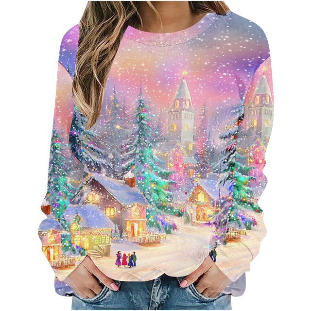 Chandails en Molleton de Noël pour Femmes - Chandails en Molleton de Noël Colorés à Col Rond Imprimé Ample Sans Capuche - Décontracté, Quotidien