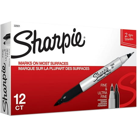 Sharpie Twin Tip Permanent Markers, Fine and Ultra Fine - Black (12 Count)