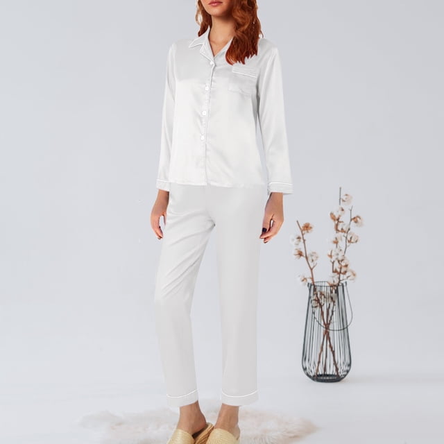 Ensemble de Pyjama en Satin Long pour Femmes Coupe Ample M-5TG
