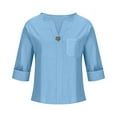 thumbnail image 4 of BiZtdJrK Women's Button Down V Neck Shirts with Chest Pocket 3/4 Sleeve Cotton Linen Blouse Loose Breathable Lounge Summer Tops Light Blue M, 4 of 7