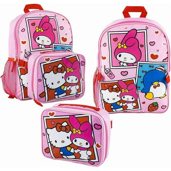 Hello Kitty & My Melody 16 inches Pink Backpack Set - Includes Large Bookbag and Lunchbox