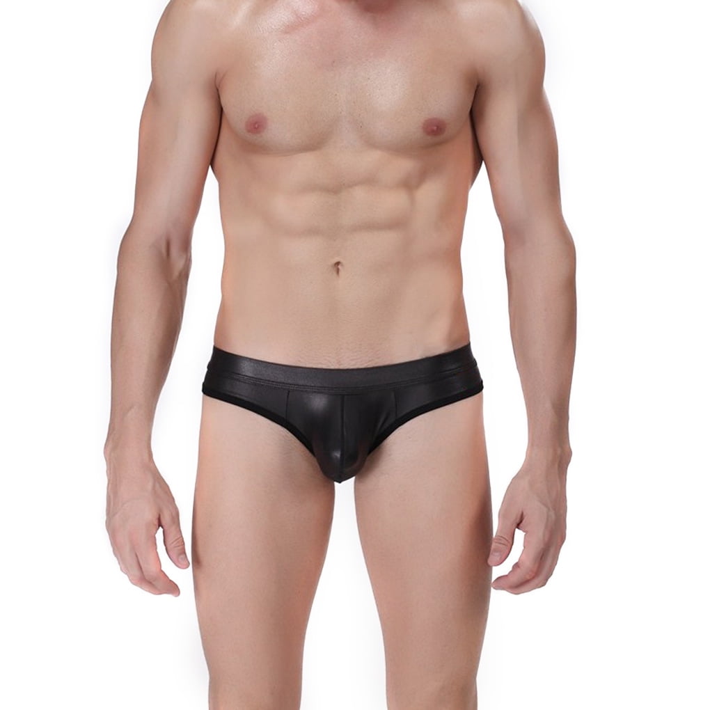 Gay Men Underwear Faux Leather Lace Color Block Modal Open Crotch Button Bu...