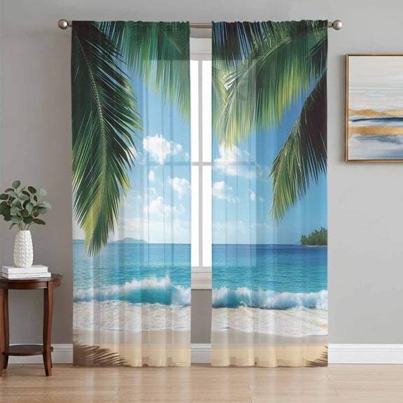 Sheer Curtains 72 Inches Long, Coastal Ocean Light Filtering Window Curtains for Living Room, Sandy Beach Coconut Tree Blue Sky Scenery Rod Pocket Voile Sheer Curtain Drapes, 52"W x 72"L, 2 Panels