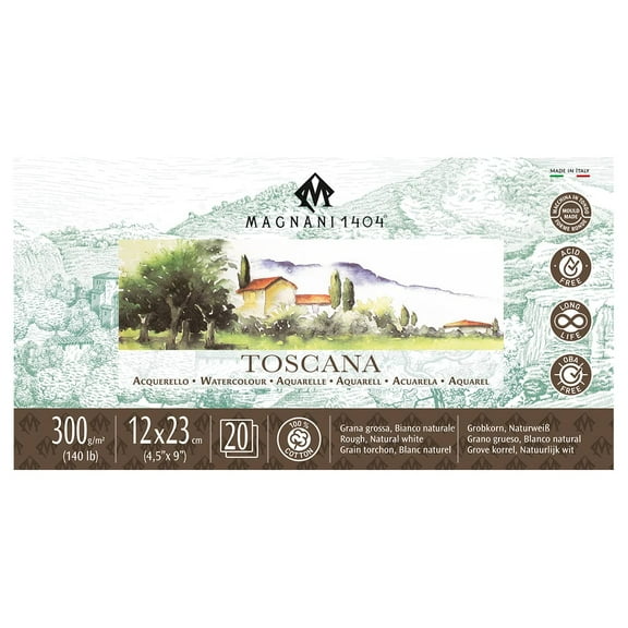Magnani 1404 Toscana Rough 100% Cotton Watercolor Paper Pad, 20 Sheets, 140 lb, Acid-Free, UV Resistant, Deckled Edges, Vegan Sized Water Color Paper for Artists, Made in Italy