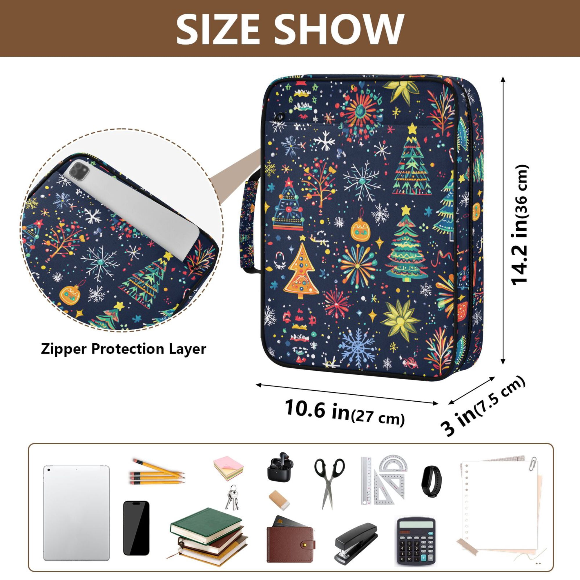 FORMRS Accordion File Folder A4 Size 7-Pocket Expanding Document Organizer Bag with 3 Ring Binder, Dark Blue Christmas