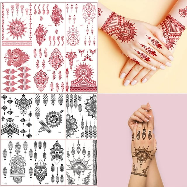 Adhesivos temporales para tatuajes con henna, 12 hojas, rojo y negro