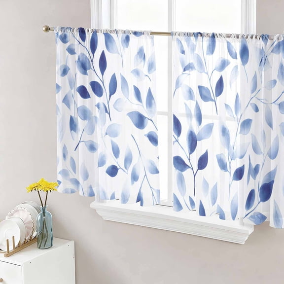 Navy Blue Eucalyptus Sheer Curtains 45 Inch Length 2 Panels Set Window Treatments, Spring Summer Botanical Leaves Rod Pocket Semi Curtains for Living Room/Bedroom/Kitchen Décor, 104"W x 45"L