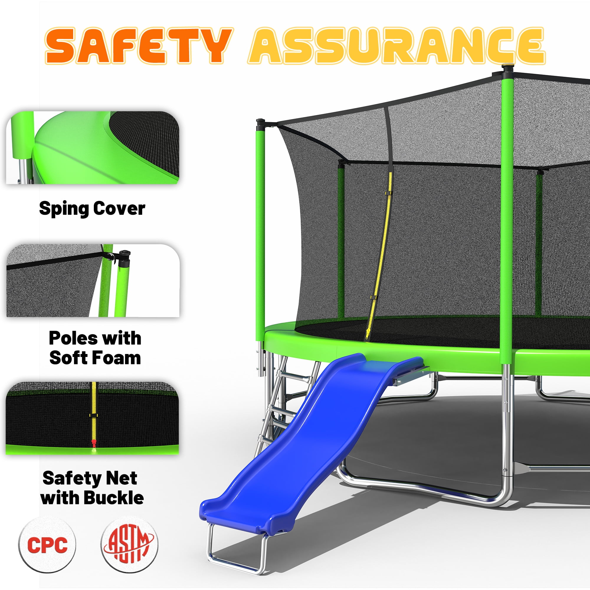 Mersco 15FT Heavy Duty Trampoline Outdoor for Backyard, with Enclosure Net , Slide and Swing Set , with Basketball Hoop,Birthday and Holiday Gifts ,Green