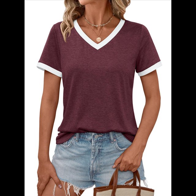 Camisetas de Corta con Cuello en V para Mujer, Color Vino Tinto, Talla L