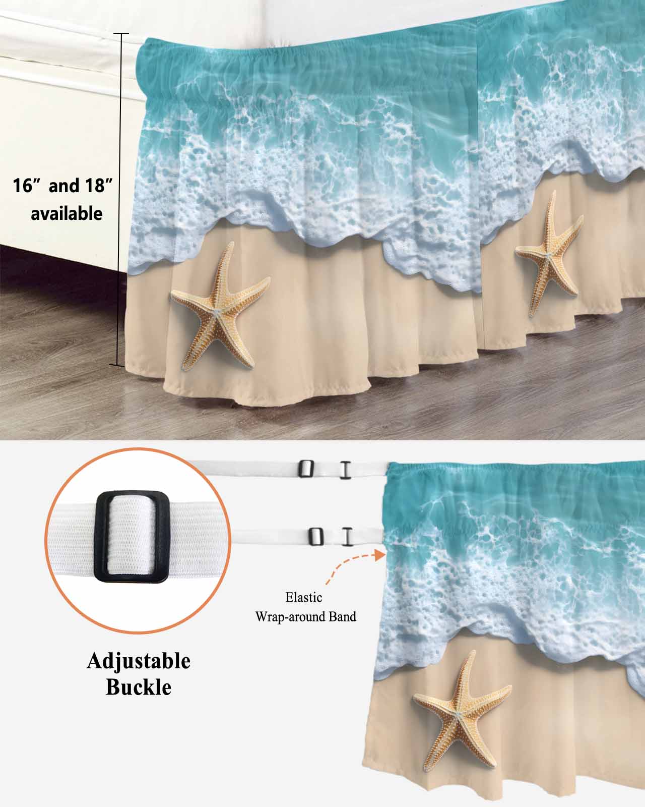 Teal Coastal Wrap Around Bed Skirts for King Bed 18" Drop,Bed Skirt with Adjustable Elastic Belt Dust Ruffle Bed Valance for Bedroom Hotel Summer Beach Starfish Nautical Seaside Bed Frame Cover