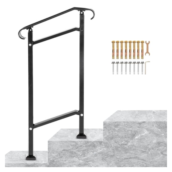 Outdoor Stair Railing for 1-2 Steps, Wrought Iron Handrail, Black Hand Rail for Concrete/Wood Steps, Adjustable Porch Railing with Installation Kit
