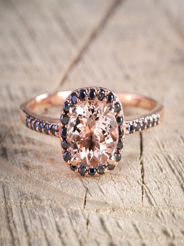 1.50 Carat Peach Pink Round Morganite and Black Diamond Engagement Ring in 10k Rose Gold for Women