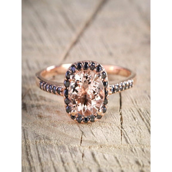 Limited Time Sale 1.50 Carat Peach Pink Morganite (Round cut Morganite) Black Diamond Engagement Ring in 10k Rose Gold for Women
