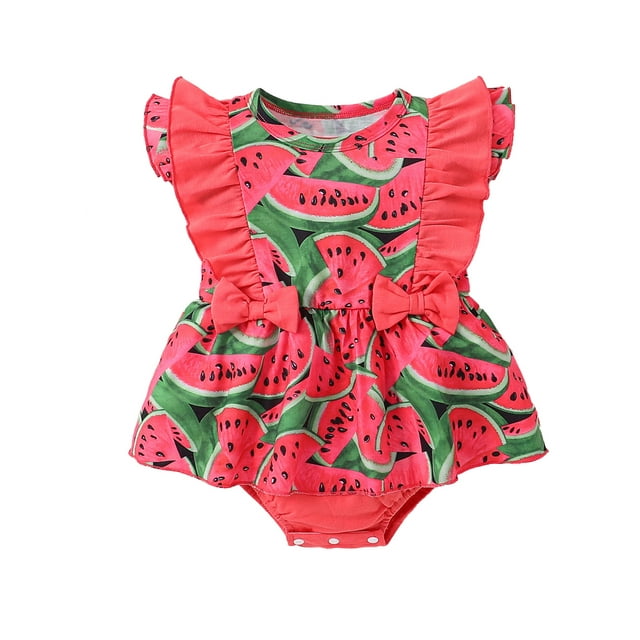 EYIIYE Enfants Bambin Fille Robe Romper 3M 6M 9M 12M 18M Bébé une Seule Pièce Combinaisons Volant Bodys Sans Manches Pastèque Impression Col Rond Playsuiion Vêtements d'Été Mignons pour Tous les Jours Occasionnels