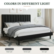 Amolife King Size Platform Bed Frame with Upholstered Velvet Channel Headboard, Black
