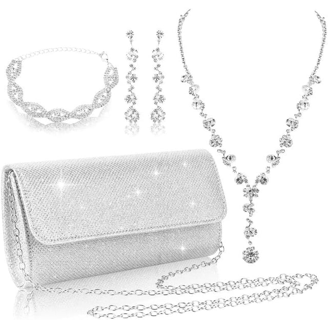 4PCS Conjunto de Joyas de Cristal, con Pulseras de Mujer, Clutch Brillante, Conjunto de Collar y Pendientes, para Bodas Nupciales, Fiestas Nocturnas, Fiestas, Regalos de San Valentín