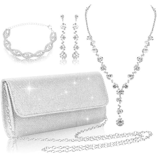 4PCS Conjunto de Joyas de Cristal, con Pulseras de Mujer, Clutch Brillante, Conjunto de Collar y Pendientes, para Bodas Nupciales, Fiestas Nocturnas, Fiestas, Regalos de San Valentín