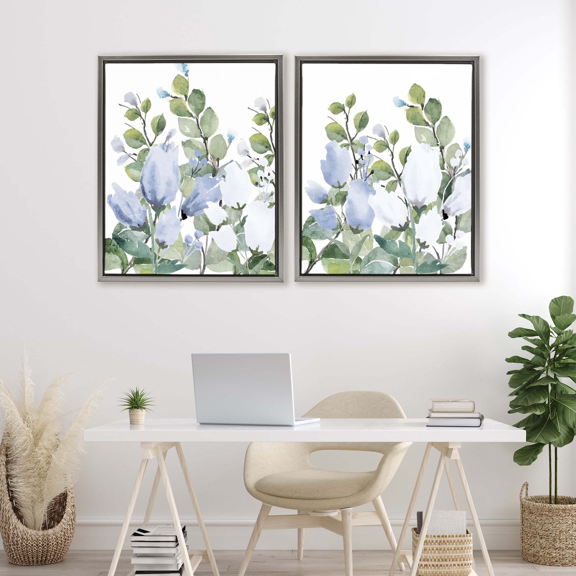 Stupell Industries Blue Spring Watercolors 2 Piece Gray Framed Floater Canvas Set, design by Kim Allen
