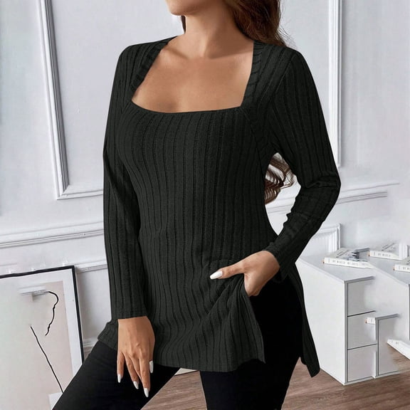 Qodauz Womens Long Sleeve Sweaters Plus Size Lightweight Knit Tops Casual Square Neck Side Slit Tunics 2XL