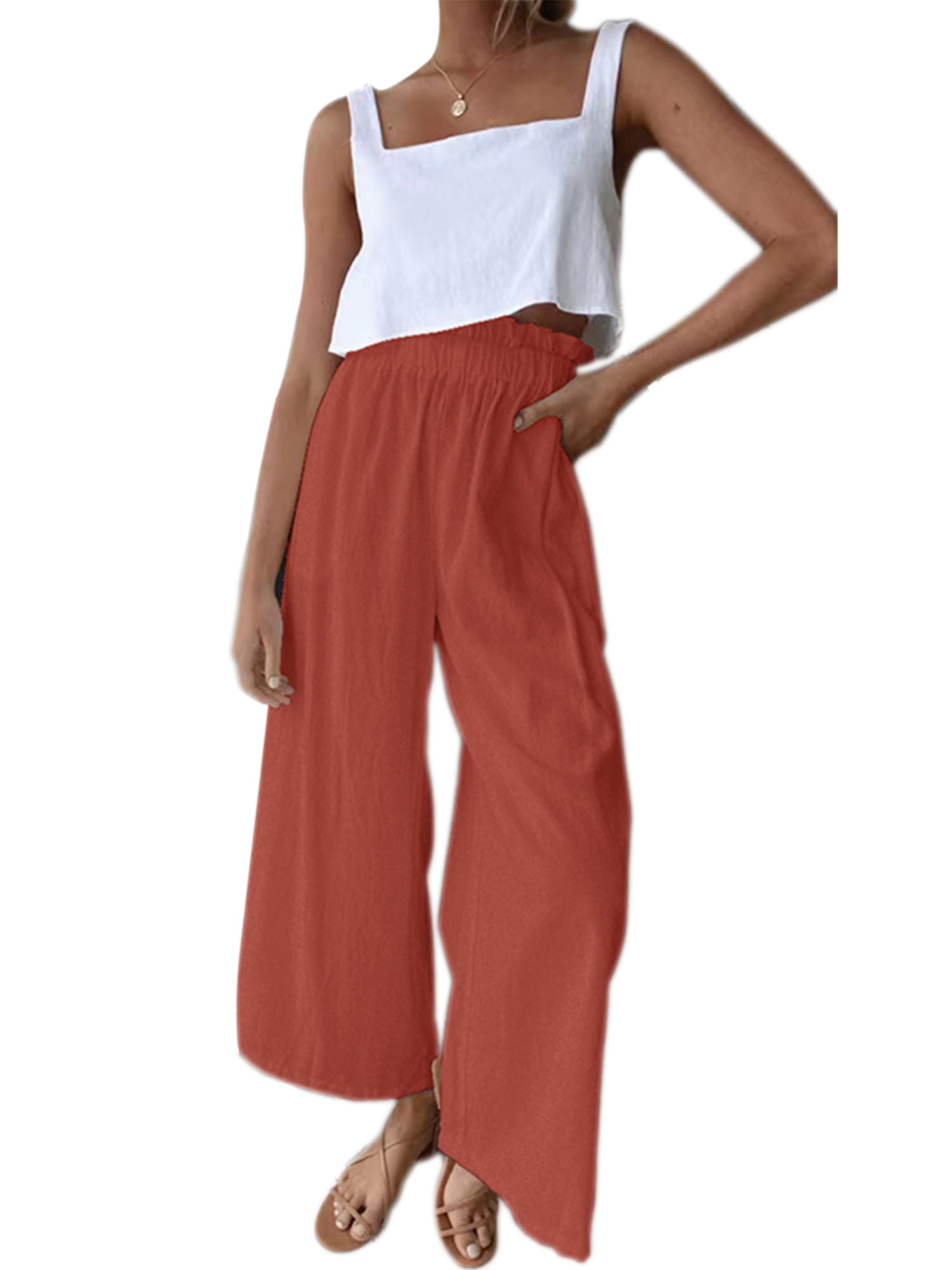 xkwyshop Women High Waist Casual Wide Leg Long Palazzo Pants Stretchy  Trousers with Pockets Brick Red L - Walmart.com