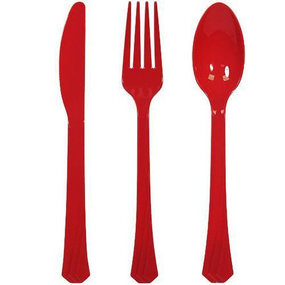 Tiger Chef Plastic Cutlery Set Heavy Duty Colored Plastic Silverware - Includes 192 Forks, 192 Teaspoons, and 192 Knives (Red, 576)