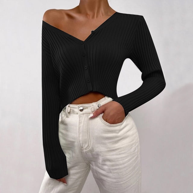 Suéter de cuello en V para mujer, suéter holgado de color liso con cuello en V, suéter, abrigo, suéter para mujer