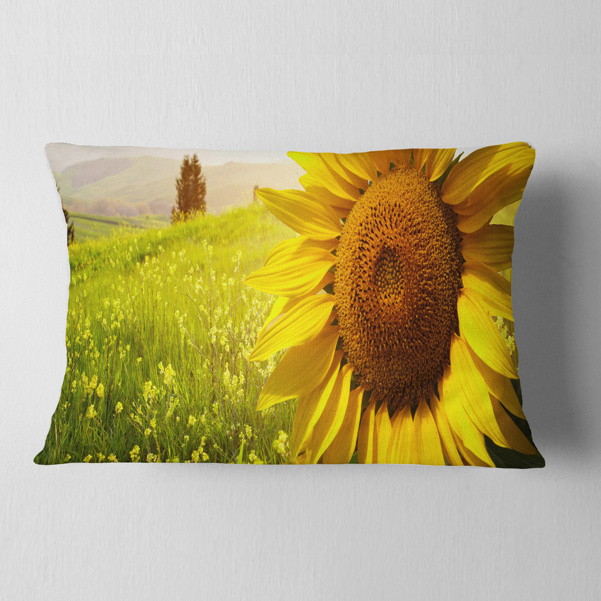 Designart Yellow Field with Big Sunflower - Landscape Printed Throw Pillow - 12x20
