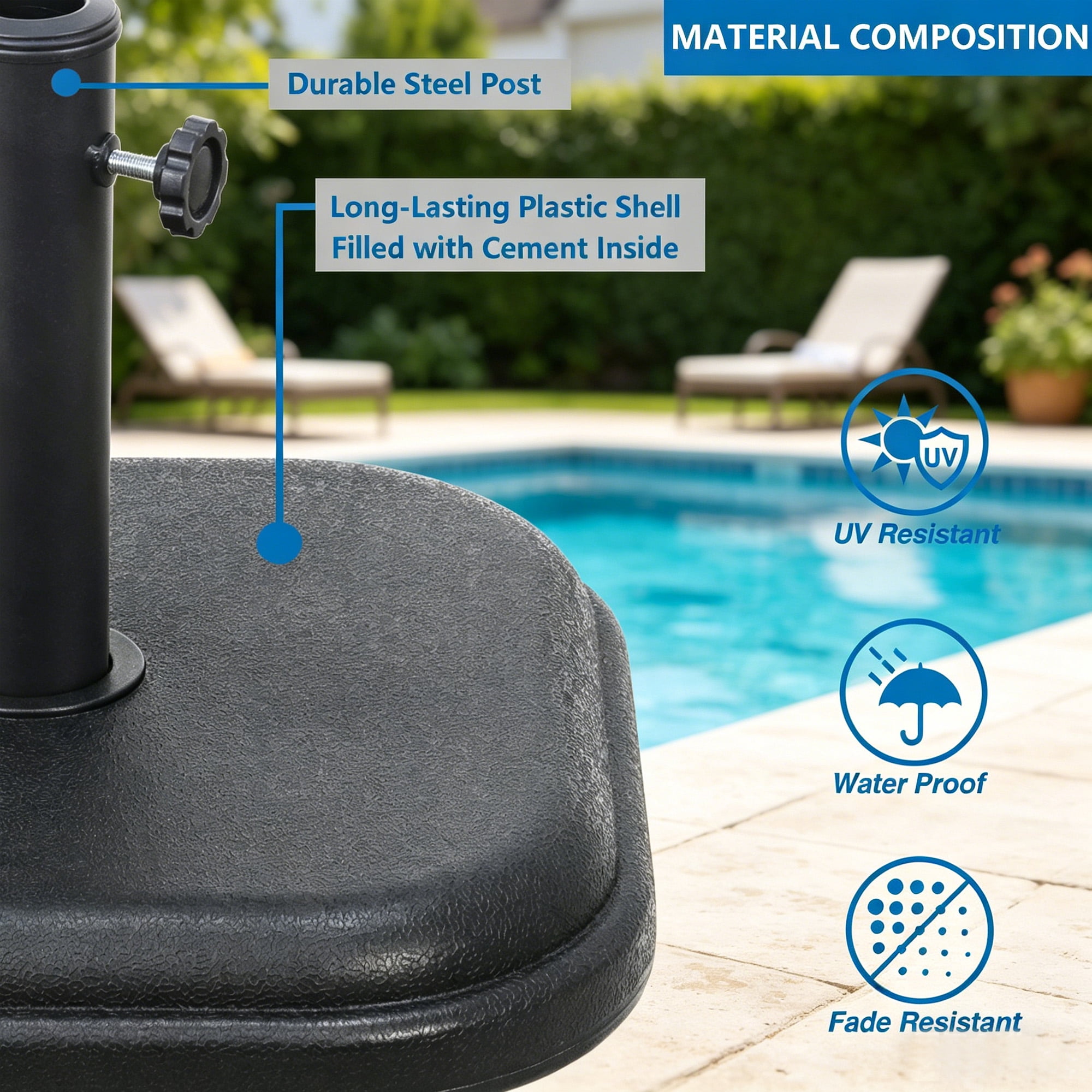 Kool 24 lb. Square Patio Umbrella Base Outdoor Umbrella Stand For Use With Patio Table in Black