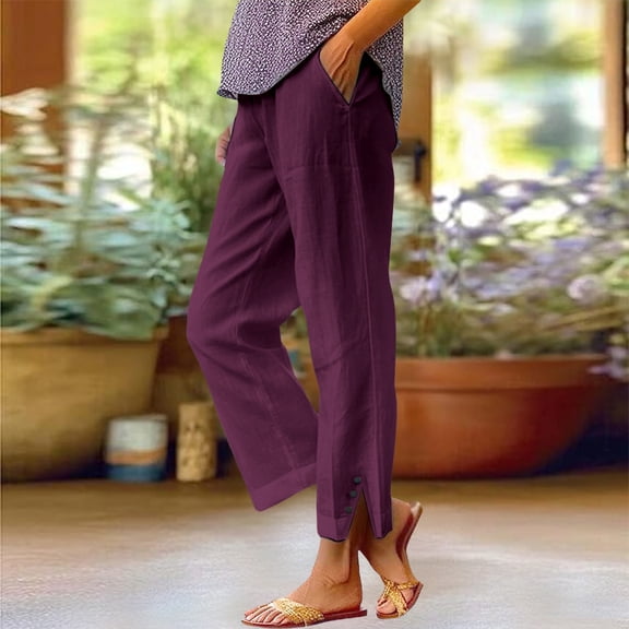 Women's Casual Pants Women Solid Straight Solid Elastic Pants Long Linen Women Waist Cotton Casual Slit Trouser Legs Pants,Red Women's Casual Pants S