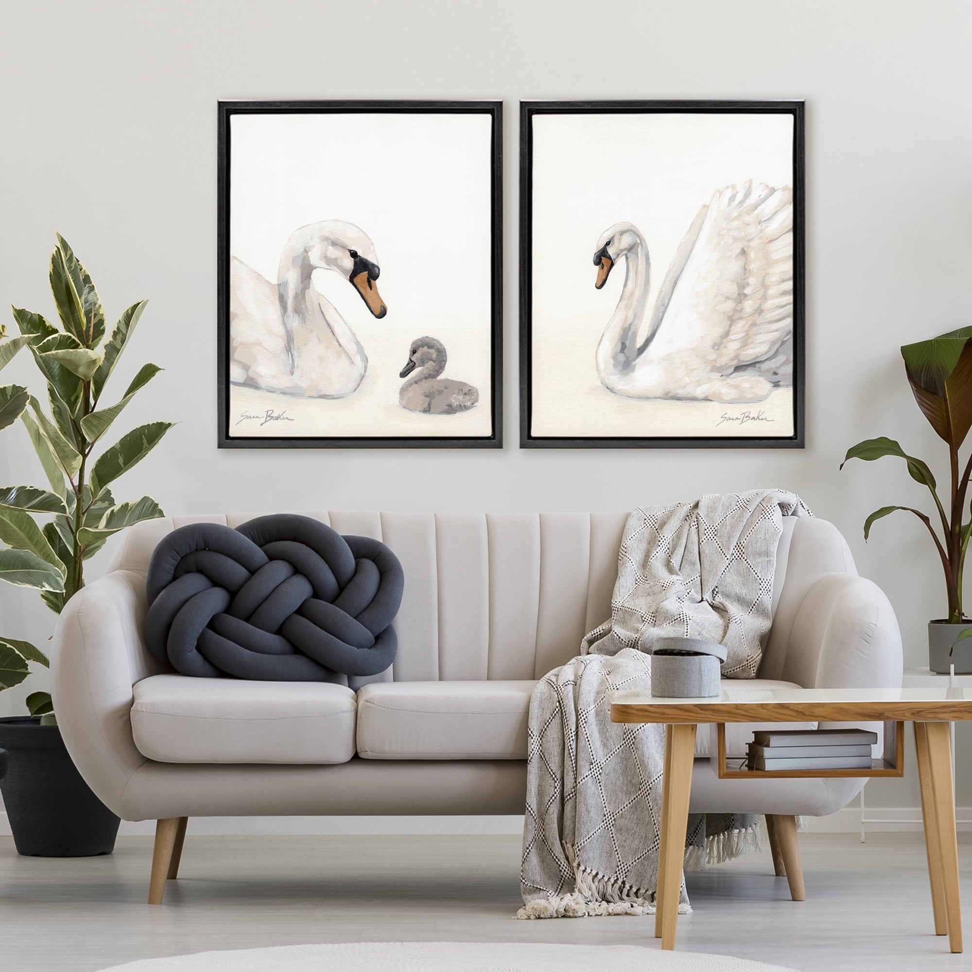 Stupell Industries Graceful Swan & Cygnet 2 Piece Black Framed Floater Canvas Set, design by Sara Baker