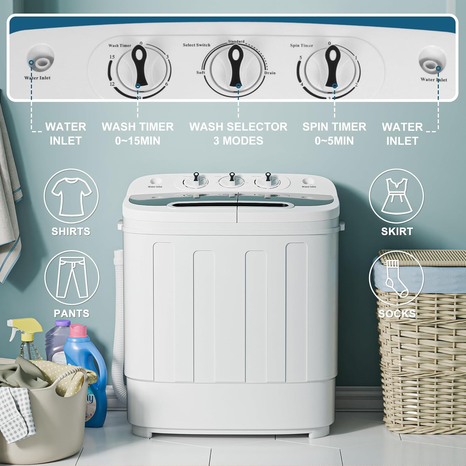 HOMAKE-PRO Compact Mini Twin Tub Washing Machine 13lbs Capacity Portable Washer Wash and Spin Cycle Combo, Built-in Gravity Drain for Camping, Apartments, Dorms, College, RV’s and Small Spaces