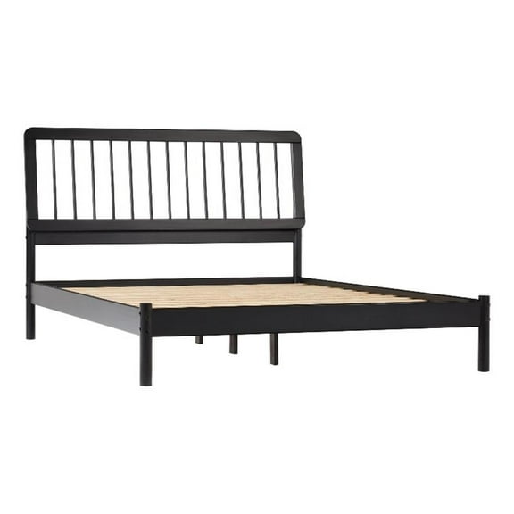 Pemberley Row Solid Wood Black Queen Spindle Bed Rectangular Stylish Slat-Back Design Unassembled