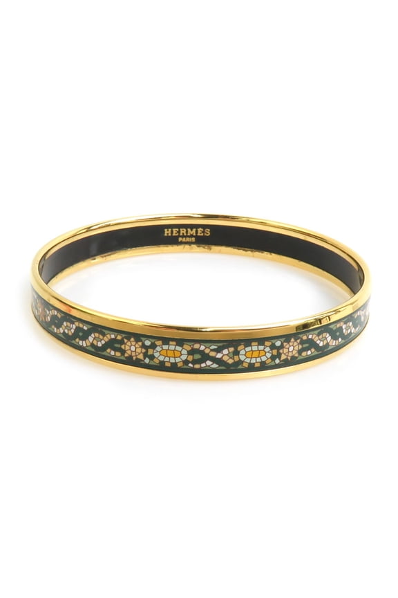 Pre-Owned Hermes Herms bangle bracelet in enamel, metal, gold and dark green. Free shipping....