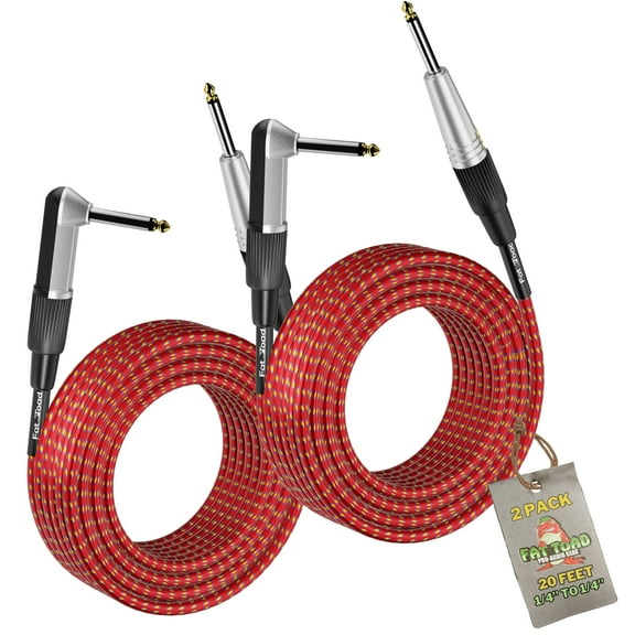 Guitar Cables (2 Pack) Right Angle to Straight-End Instrument Cord Tweed Cloth Jacket by Fat Toad Braided Woven 20 FT 1/4 Inch Gold Jack TS for Electric Guitar Pedal, Bass, Audio Speaker, Amplifier