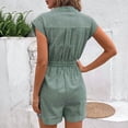 thumbnail image 5 of Morttic Women's Striped Romper with Flutter Sleeves – V-Neck Button Front Belted Waist with Pockets Casual Summer Daily Green，L, 5 of 6