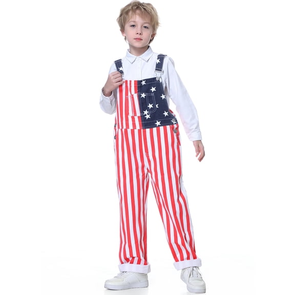 250th Anniversary Boys American Flag Overalls 4th of July Outfit with Adjustable Straps Kids Patriotic Jumpsuit 6-12 Years(Red White and Blue,6 Years)