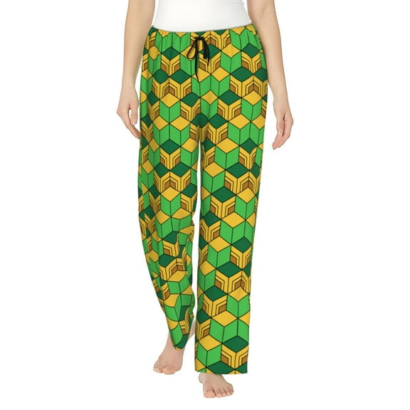 Japan Anime Green Yellow Plaid Women'S Pajama Pants Drawstring Pj Bottoms Pants With Pockets Small