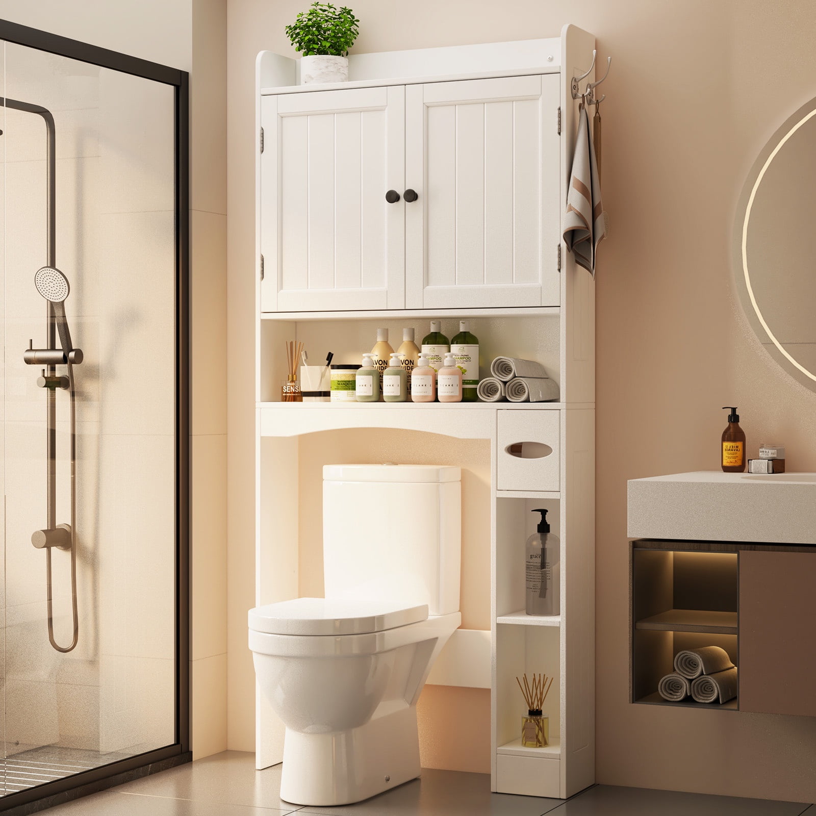 70.3"Over The Toilet Storage Cabinet, Bathroom Cabinet with Adjustable Shelves & Toilet Paper Holder, Anti-Tip, White