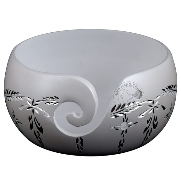 Premium Solid Crafted Silver Engraving Aluminium Portable Yarn Bowl Holder for Knitting Christmas Gift Set | Hind Handicrafts (Matte White, 6" x 6" x 3")