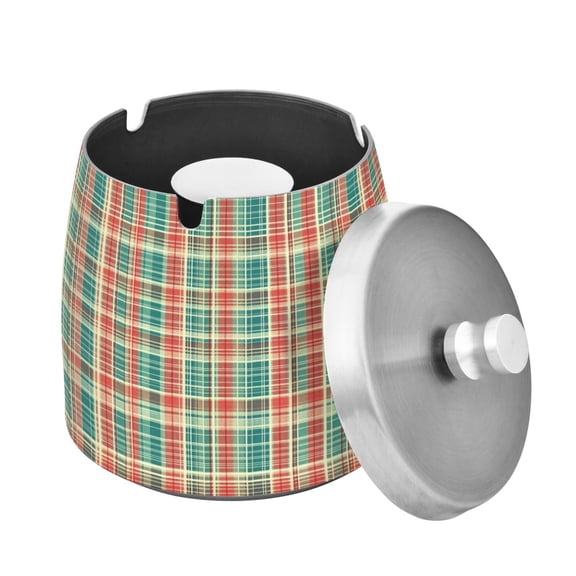 Yayeee Ashtray with Lid for Cigarette Smokeless Stainless Steel Home Ash Holder, Red Green Tartan Pattern