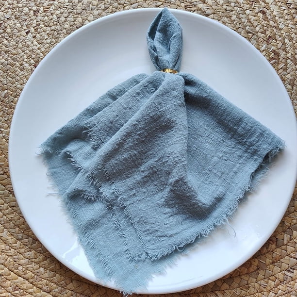 Nvzi Servilletas de tela de 16,53 x 16,53 pulgadas, juego de 4, servilletas de gasa de lino con flecos, servilletas suaves con flecos reutilizables para cenas, fiestas, Navidad, bodas (gris azulado)