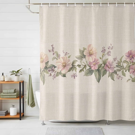 Shower Curtain Pink Flowers Leaves Shower Curtains for Bathroom Decor, Waterproof Polyester Shower Curtain Set with Hooks, Small Stall Size 36" x 72" Linen Background